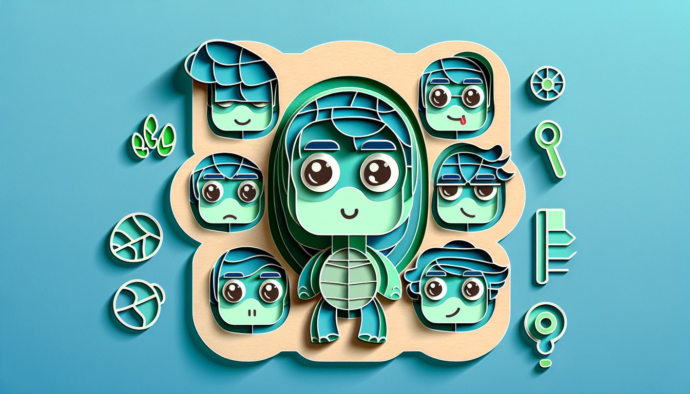 Paper art illustration for ROTTMNT personality quiz on a teal background