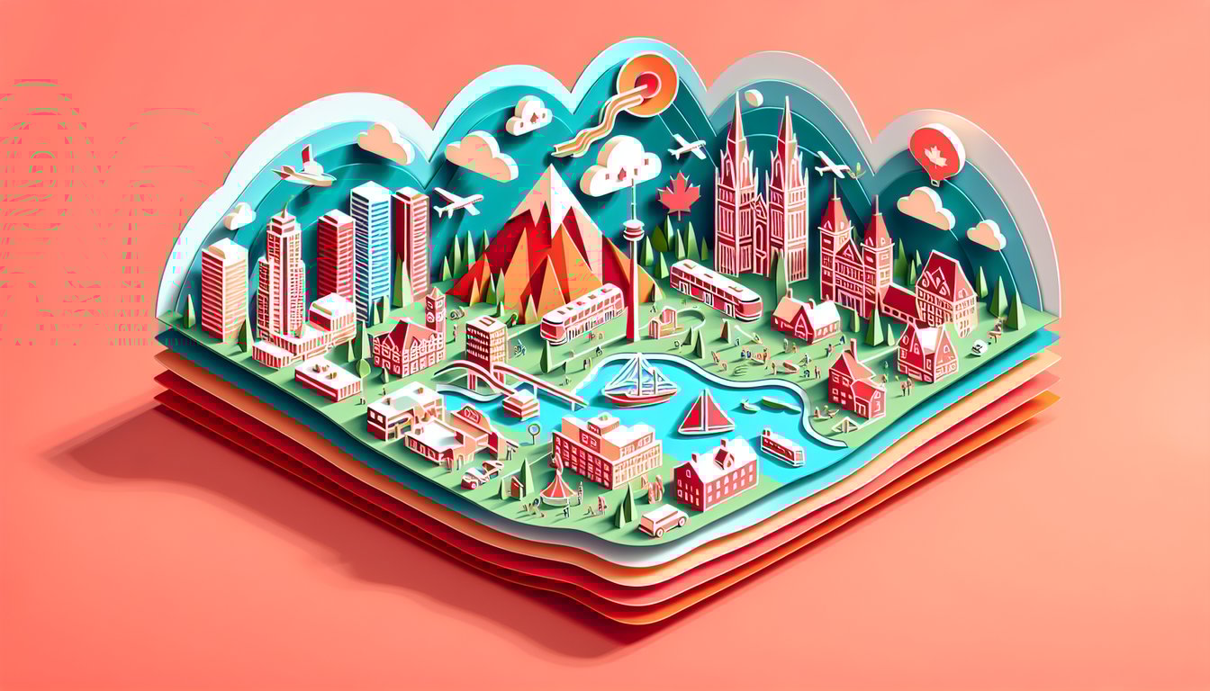 Paper art illustration of Canada city icons on coral background with quiz text inviting users to find ideal city match