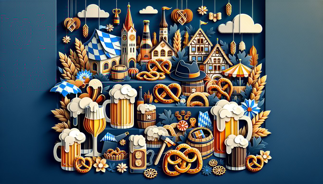 Paper art illustration for Oktoberfest trivia game testing knowledge on Bavarian beer traditions on dark blue background