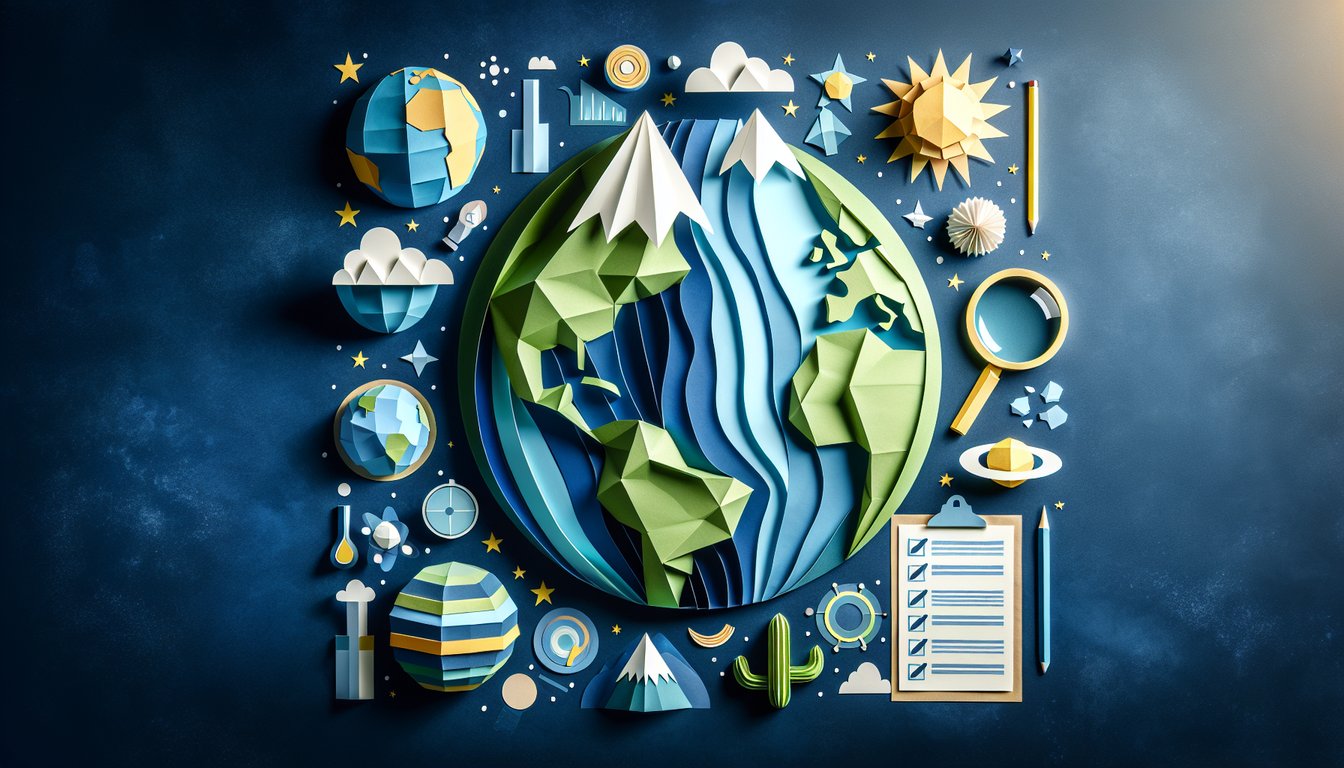 Colorful paper art promoting Earth Science Blitz, a quick and engaging quiz for middle schoolers.