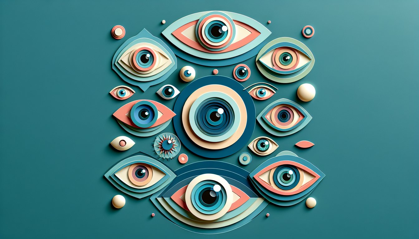 Paper art illustration for eye shape quiz with tips and challenges on teal background