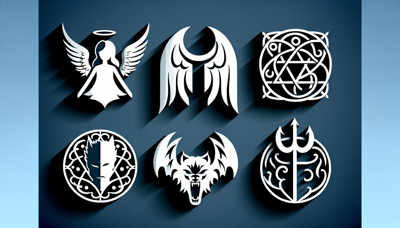 Paper art illustration for a love personality quiz featuring vampire, angel, werewolf, devil on a dark blue background.