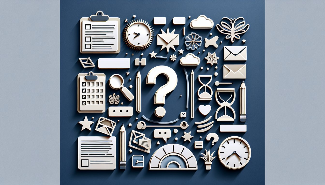 paper art illustration of fun quiz elements question marks hearts score icons on dark blue background