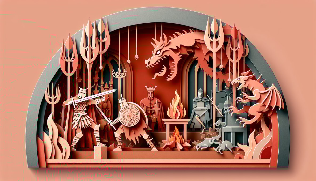 Paper cut art of a medieval sword and open scroll labeled Beowulf on coral background