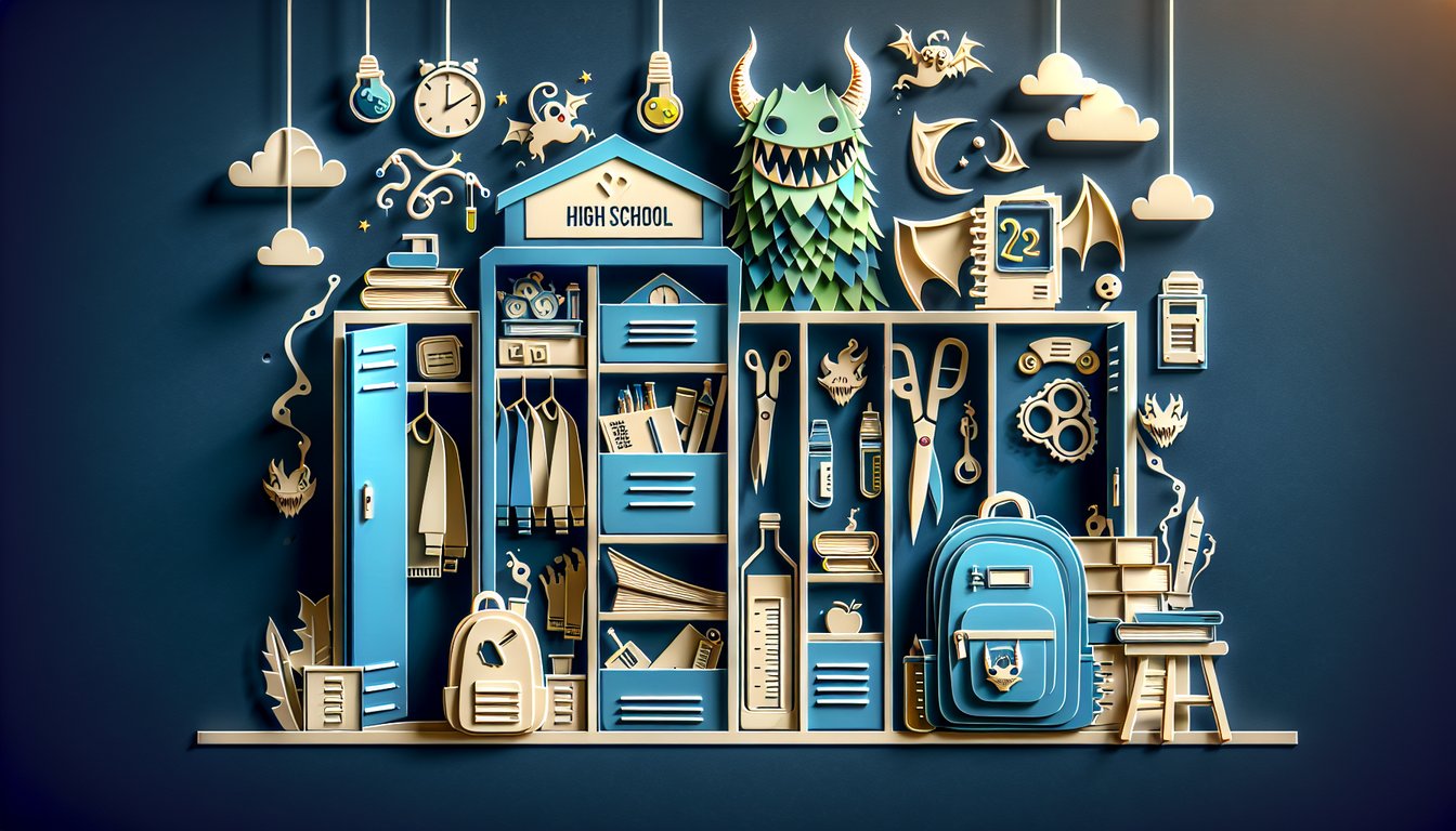 Paper art illustration for Monster High character personality quiz on dark blue background