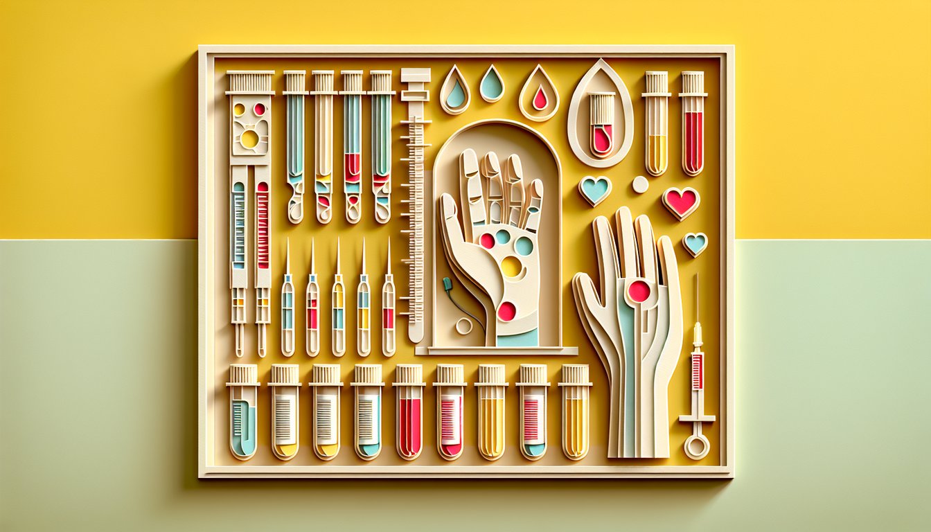 Paper art illustration for phlebotomy quiz on golden yellow background