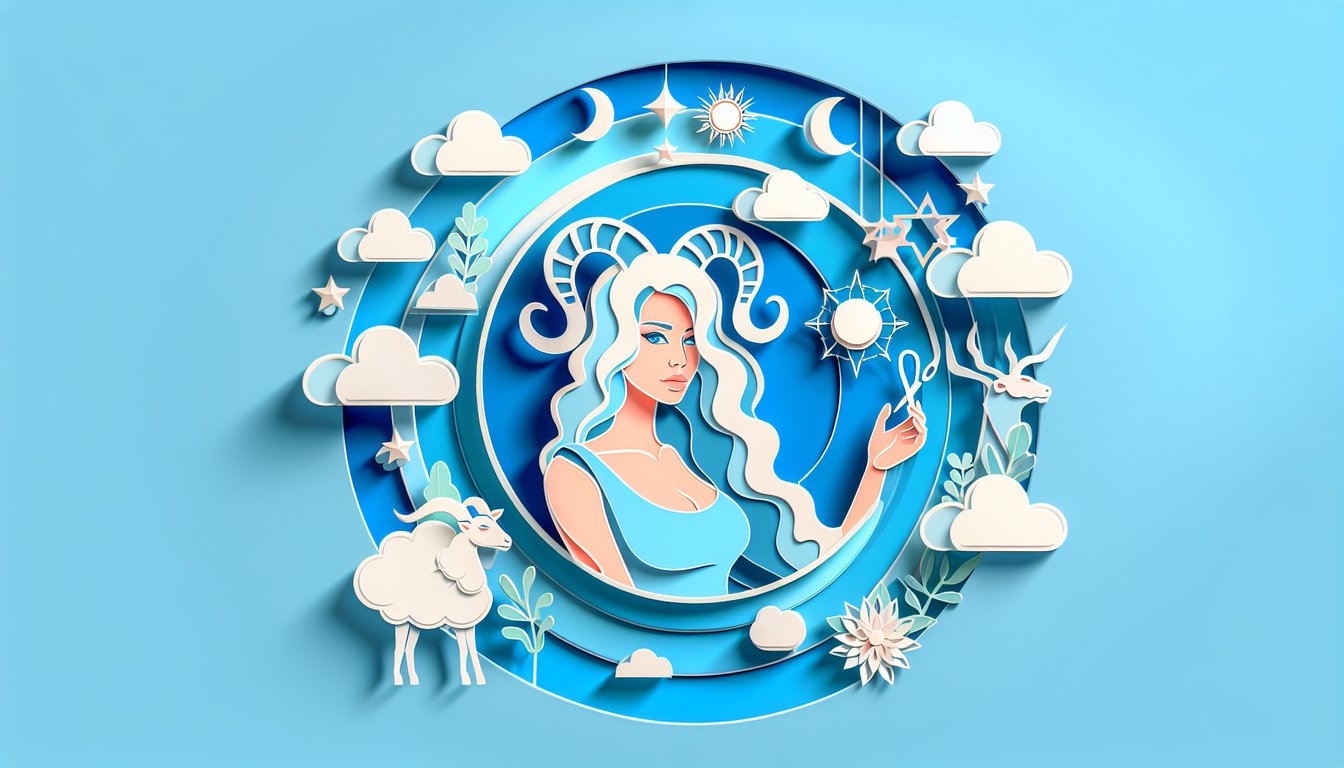 Paper art illustration of a Capricorn woman symbol with goat horns and text quiz prompt on sky blue background
