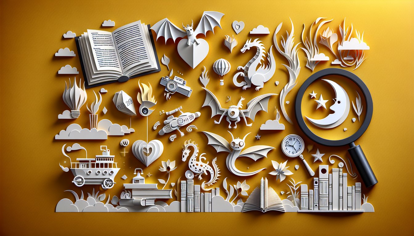 Paper art illustration for a book genre quiz on a golden yellow background.