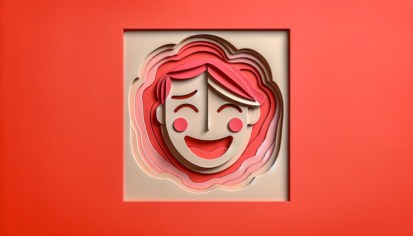 Paper art collage of smiling shy funny weird sweet faces with hearts and stars on coral background for free personality quiz