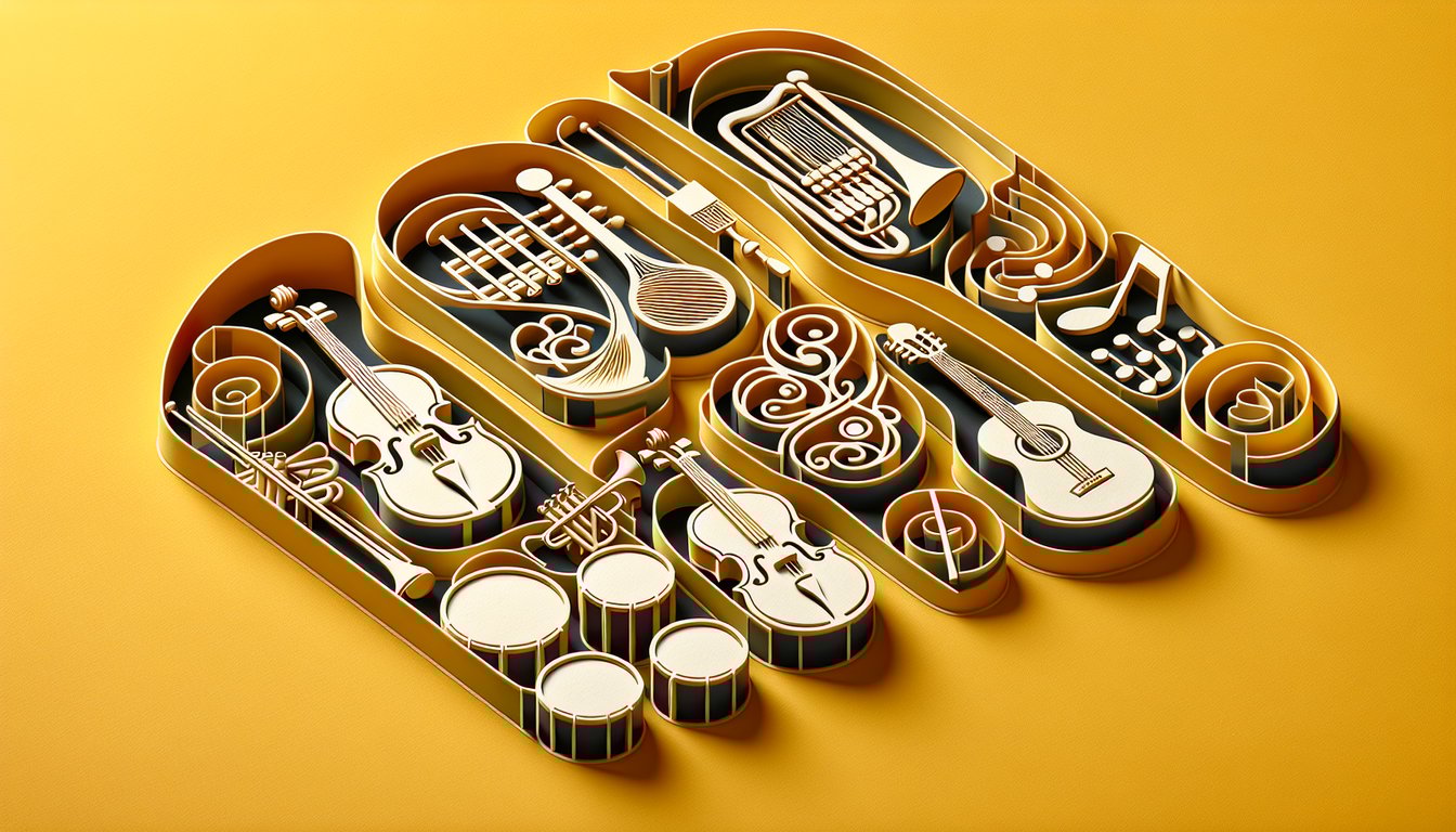paper art showing stylized musical instruments grouped by family on a golden yellow background