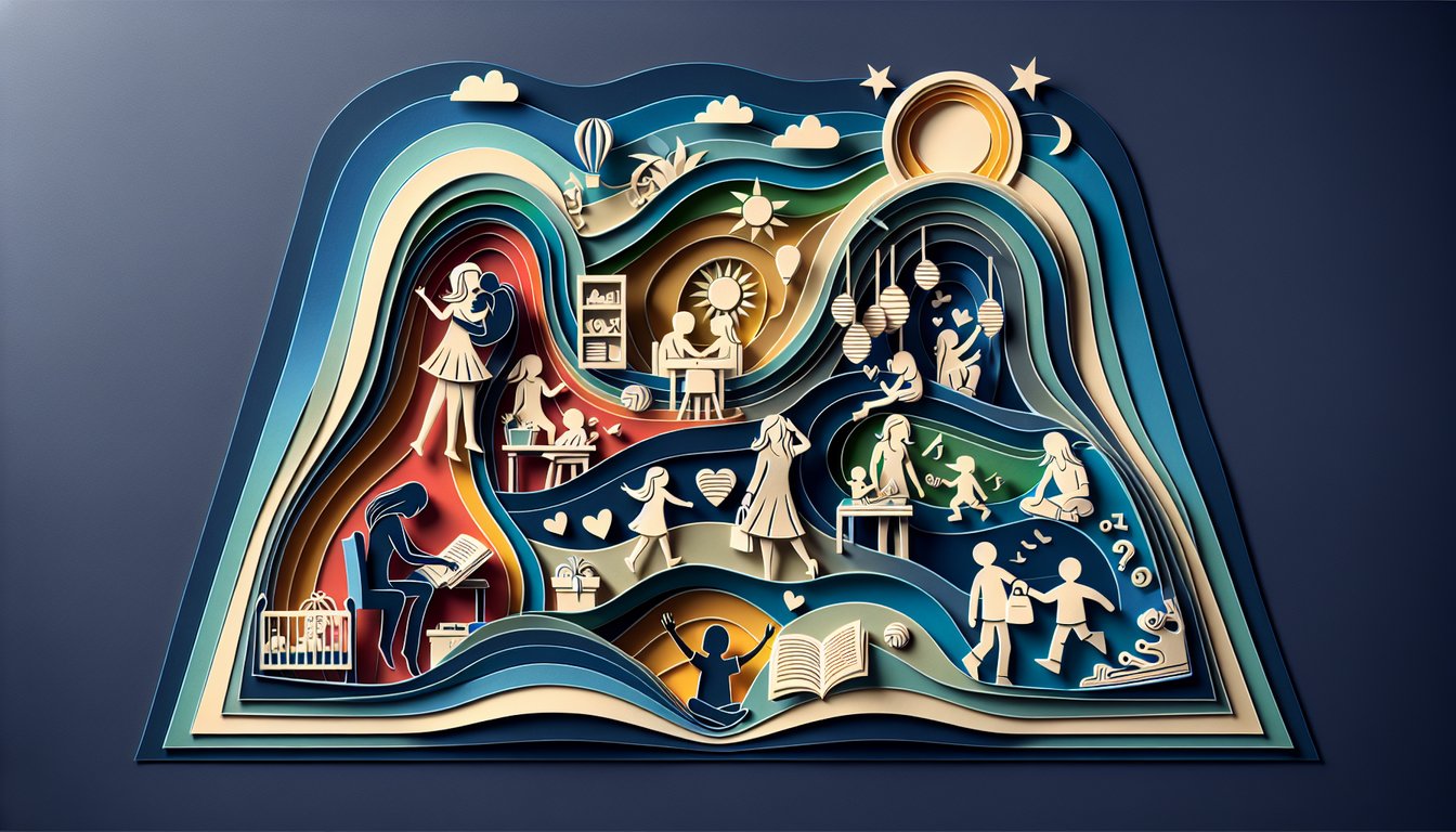 Paper art quiz clipboard with parent child figures question mark book hearts pencil on dark blue background