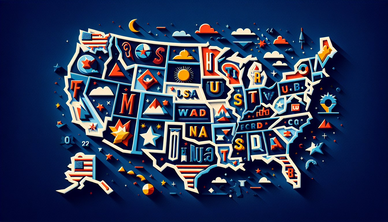 Paper art representing a trivia quiz on US state abbreviations for high school students.
