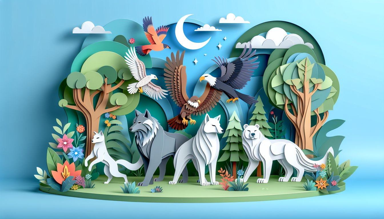 Paper art illustration for therian quiz revealing animal spirit identity on sky blue background