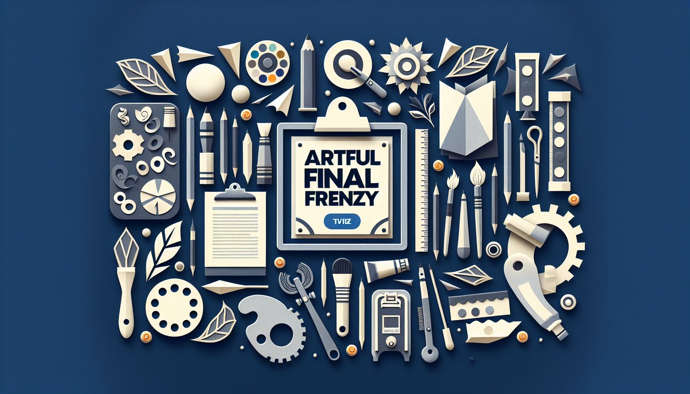 Colorful paper art promoting Artful Final Frenzy trivia for high school art students