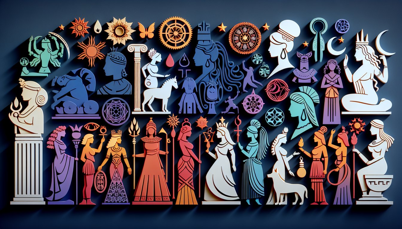 Paper art illustration for goddess archetype quiz on dark blue background