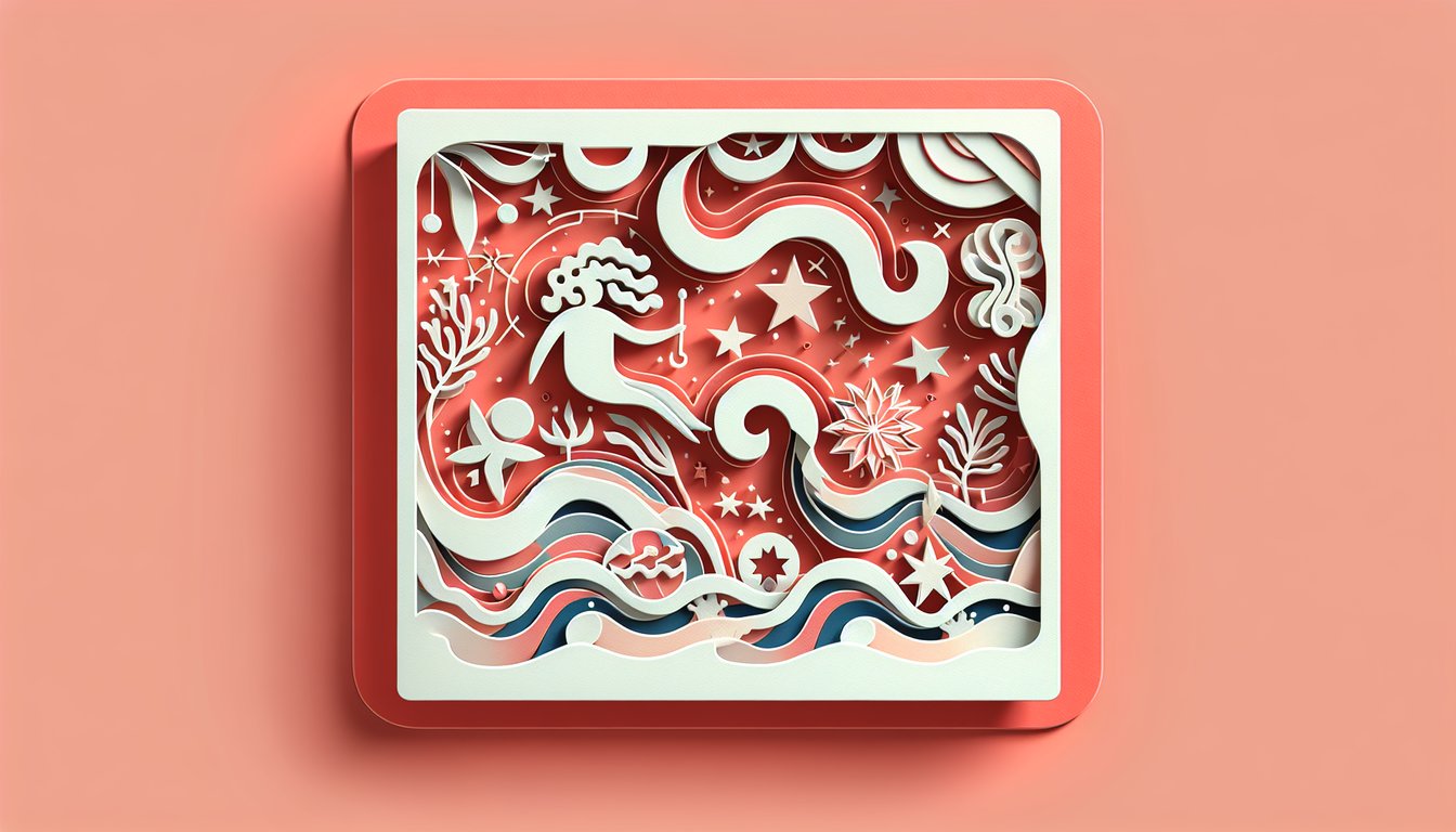 paper art illustration Aquarian water bearer pouring stylized waves and stars on coral background