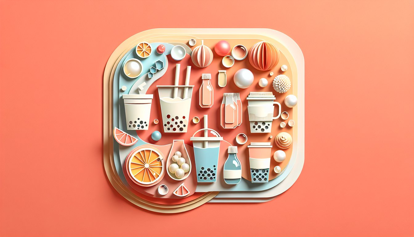 Paper art style boba tea cups Bobamatch quiz call to action on coral background