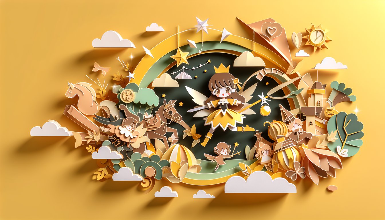 paper art illustration of three anime style fairy musketeers on golden yellow background