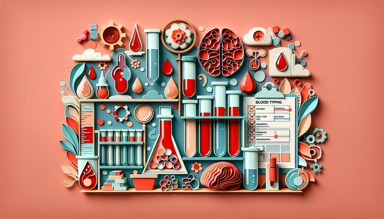 Paper art of red blood drops test tubes ABO Rh symbols on coral background for blood typing quiz