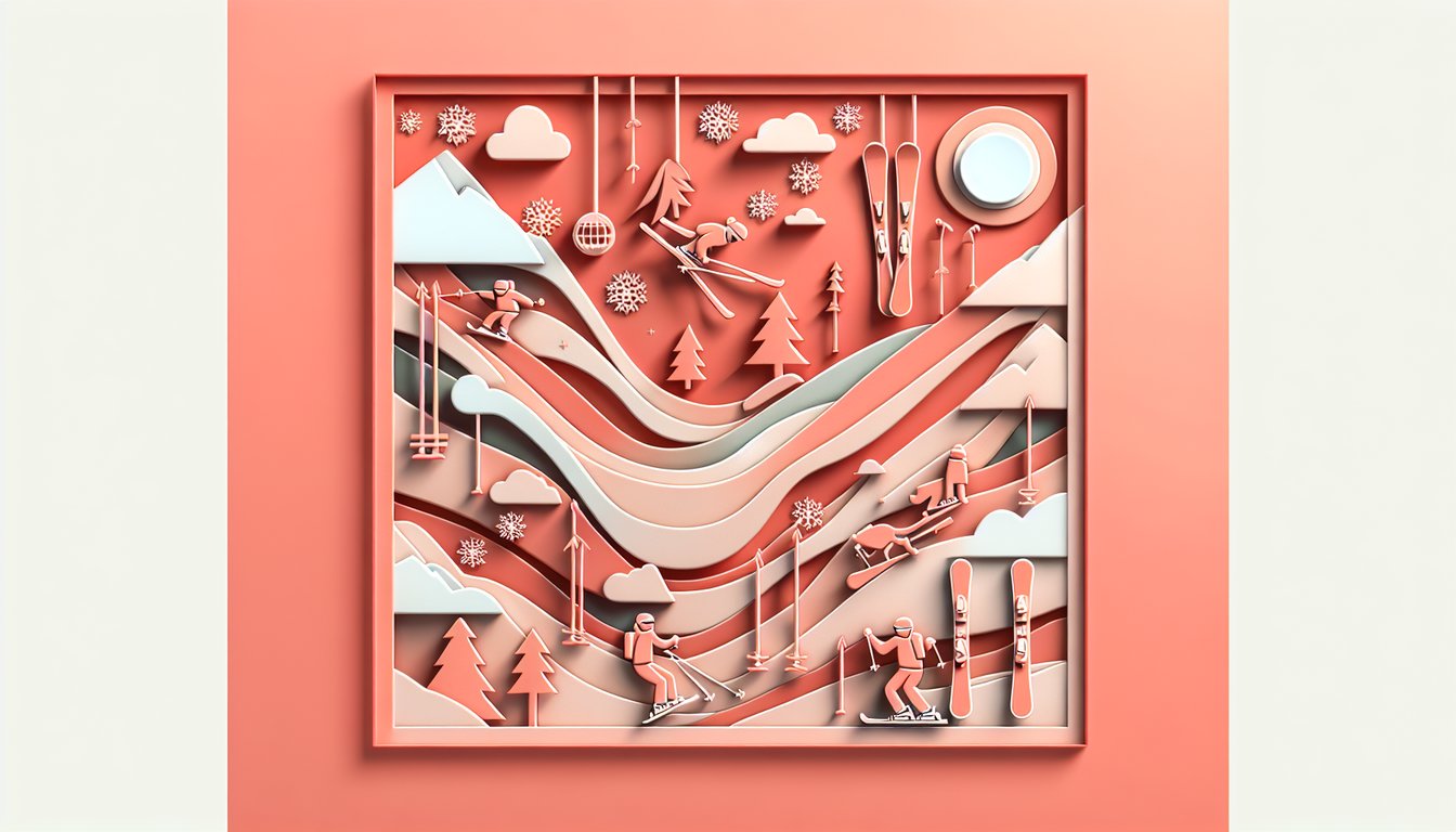 Paper art illustration for skiing skills quiz on a coral background