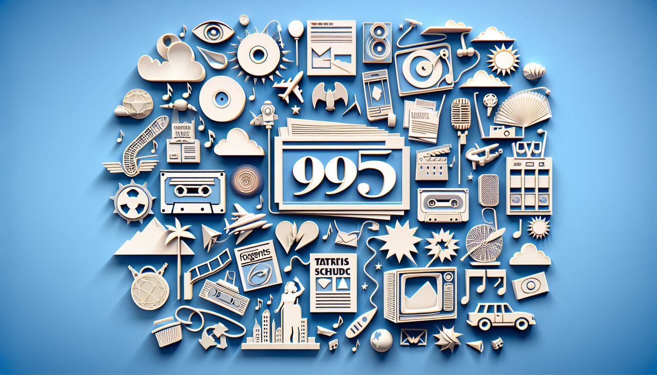 Paper art illustration of book film reel music notes and computer icons on sky blue background evoking 1995 trivia quiz