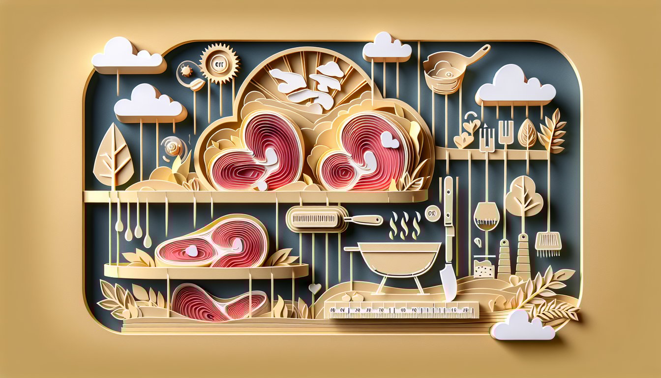 Paper art illustration of steak slices grill tools thermometer safety icons golden yellow background meat cookery quiz