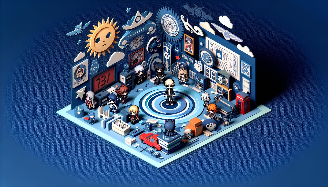 Anime characters in paper art style for a personality quiz on dark blue background