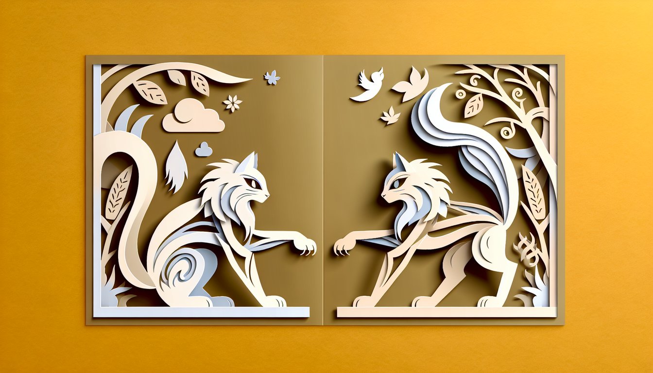 Paper art style two fierce warrior cats duel on golden yellow background for evil cat personality quiz