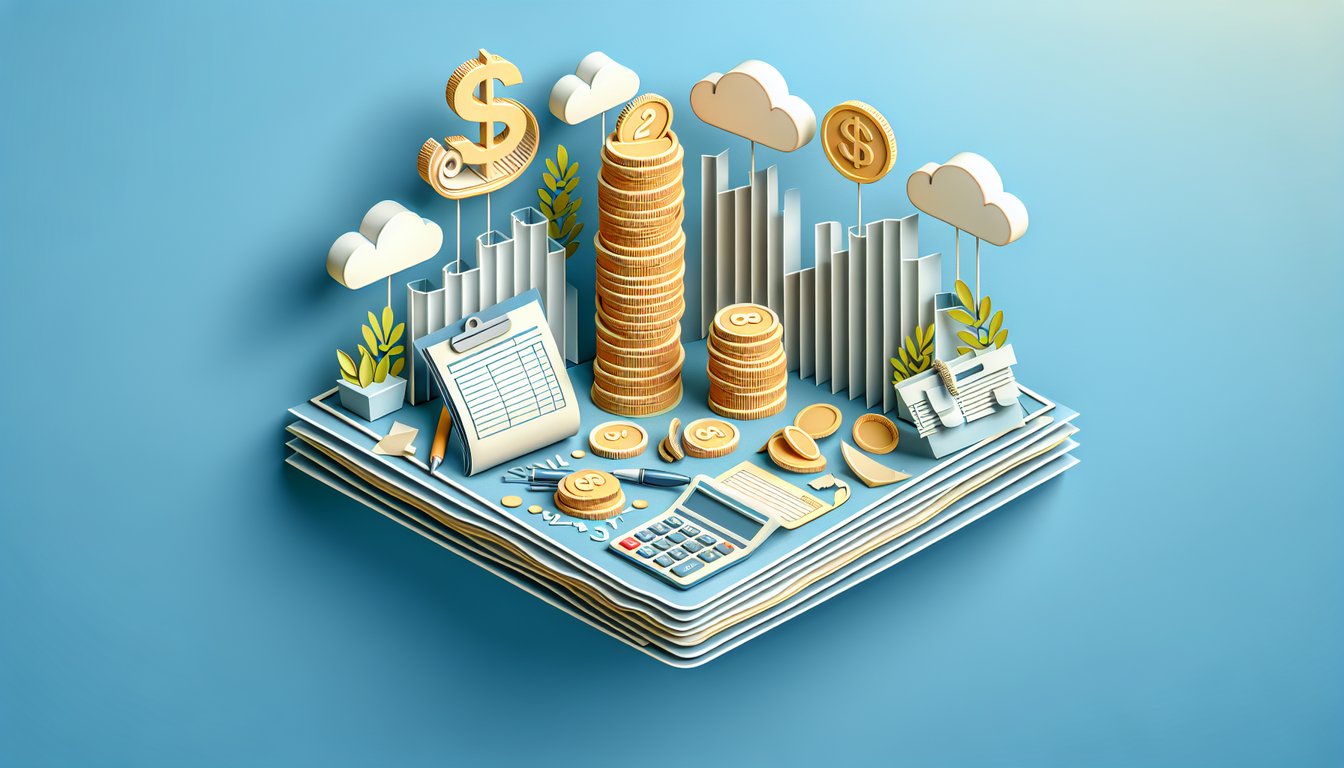 Paper art style finance quiz concept with notes receivable sales discounts bad debt icons on sky blue background