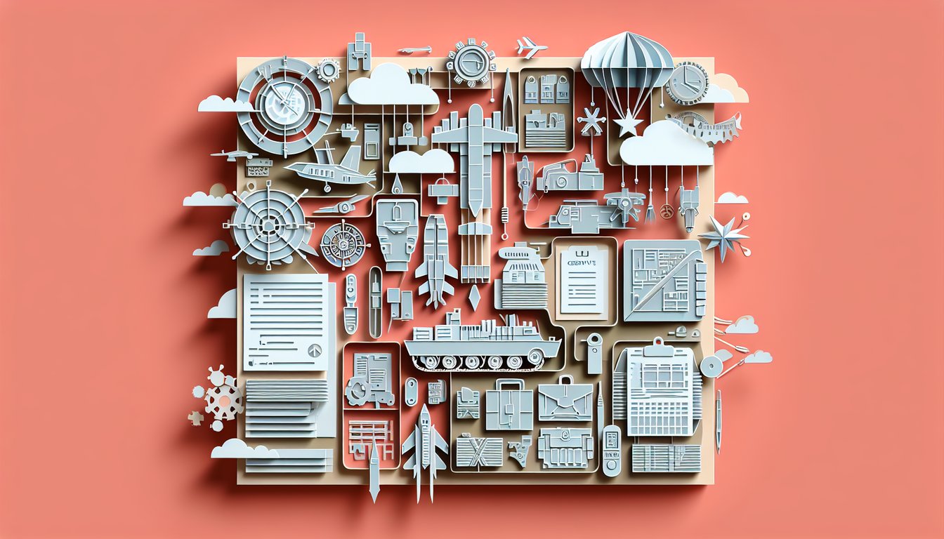 Paper art illustration of supply crates unit type codes cargo plane icons on coral background for military logistics quiz