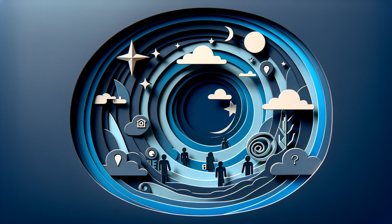 Paper art collage of stylized faces and question mark hinting at personality quiz on dark blue background