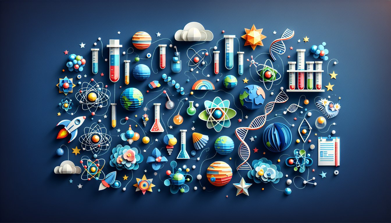 Colorful paper art promoting the Science IQ Challenge, a dynamic quiz for students.