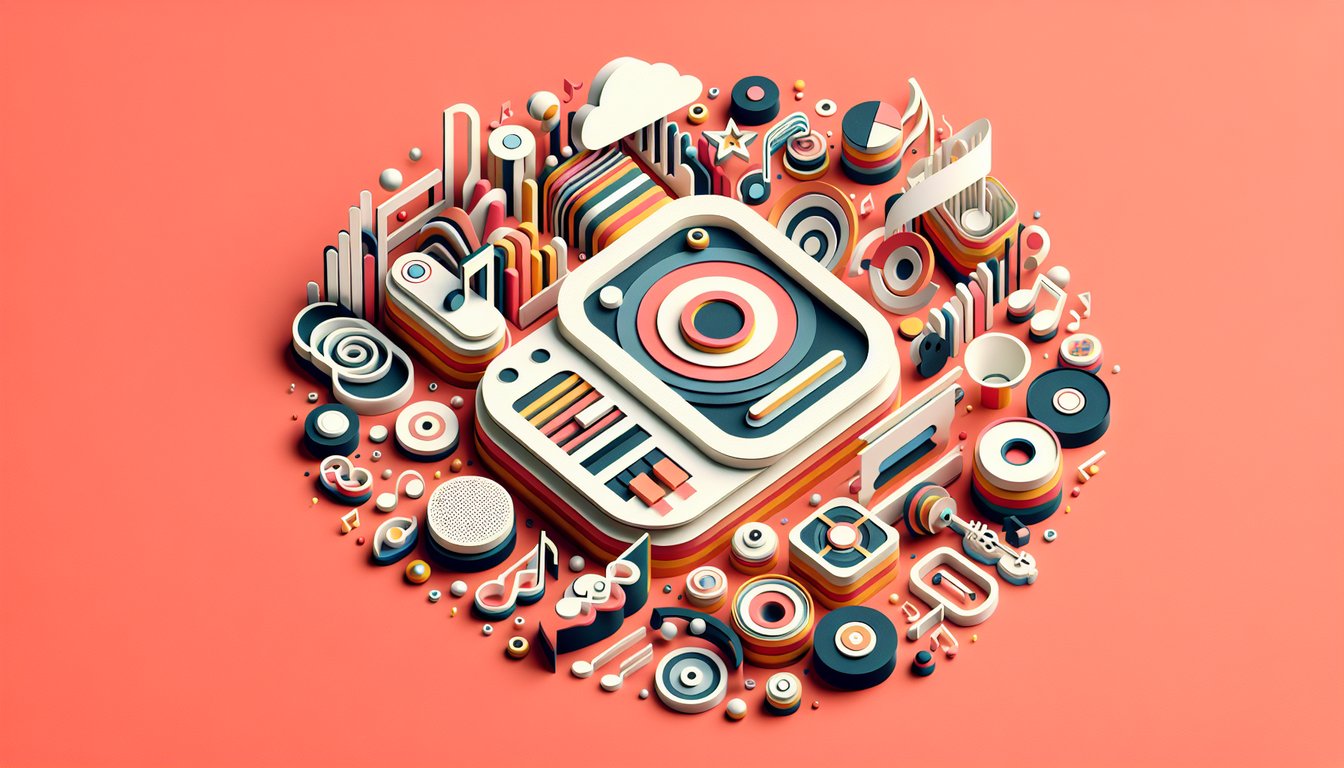 Paper art illustration for a quiz about using Alexa song quiz genres list on a coral background