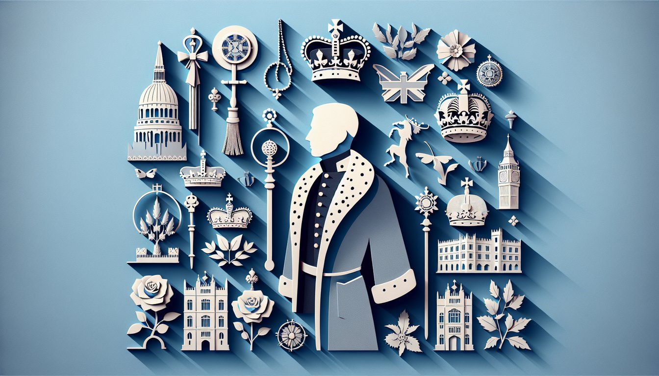 Paper art illustration of King Charles III wearing crown with British monarchy quiz text on sky blue background