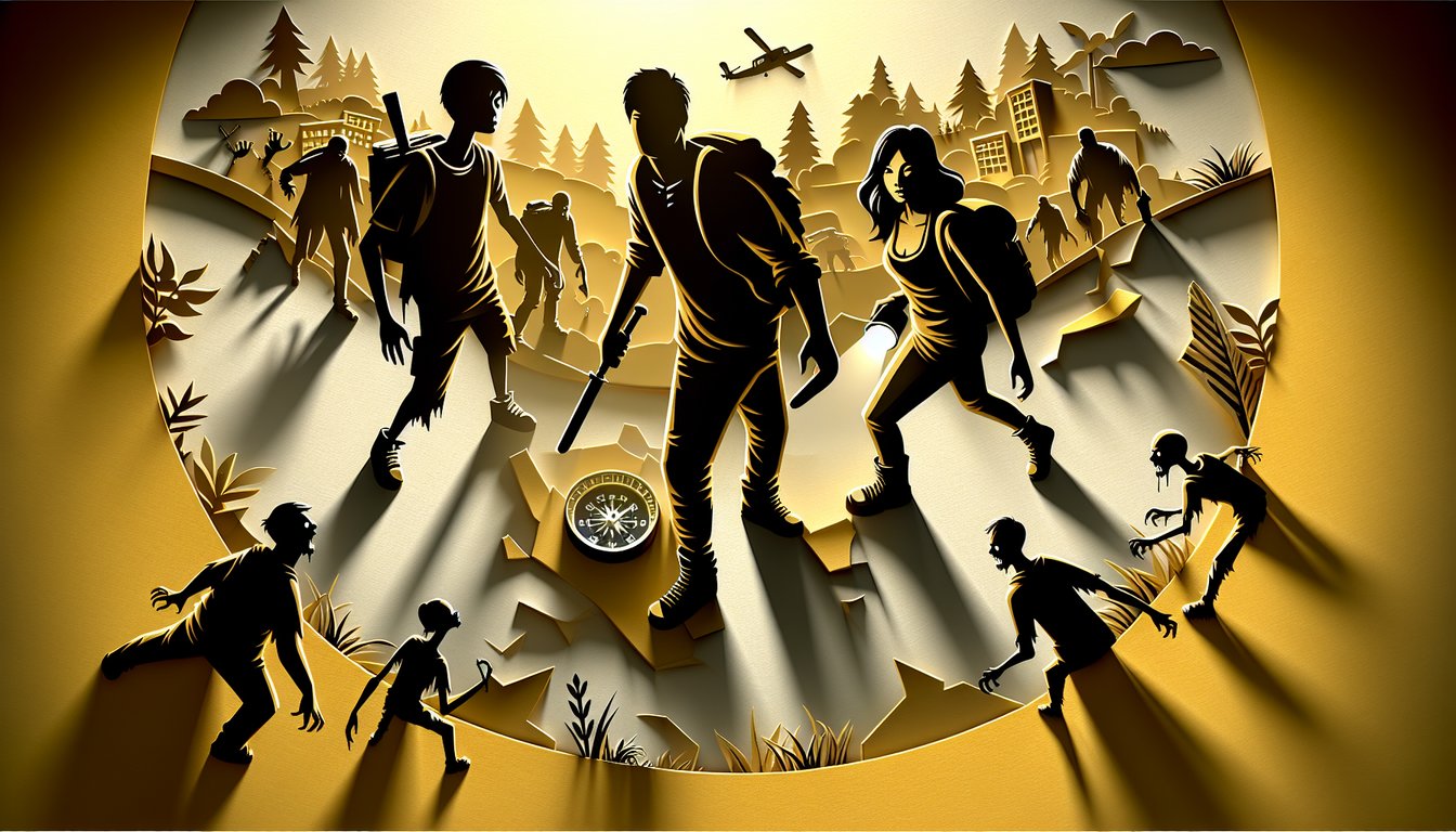 Paper art illustration for zombie survival skills quiz on a golden yellow background