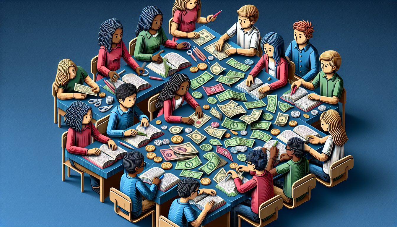 Colorful paper art promoting a cash counting challenge quiz for middle school students.