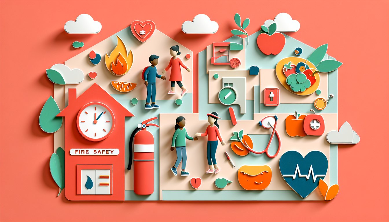 Paper art collage of fire extinguisher apple carrots on coral background for childcare safety nutrition health quiz