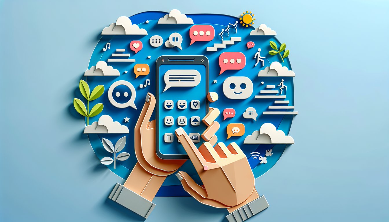 Paper art illustration for a texting style quiz on a sky blue background