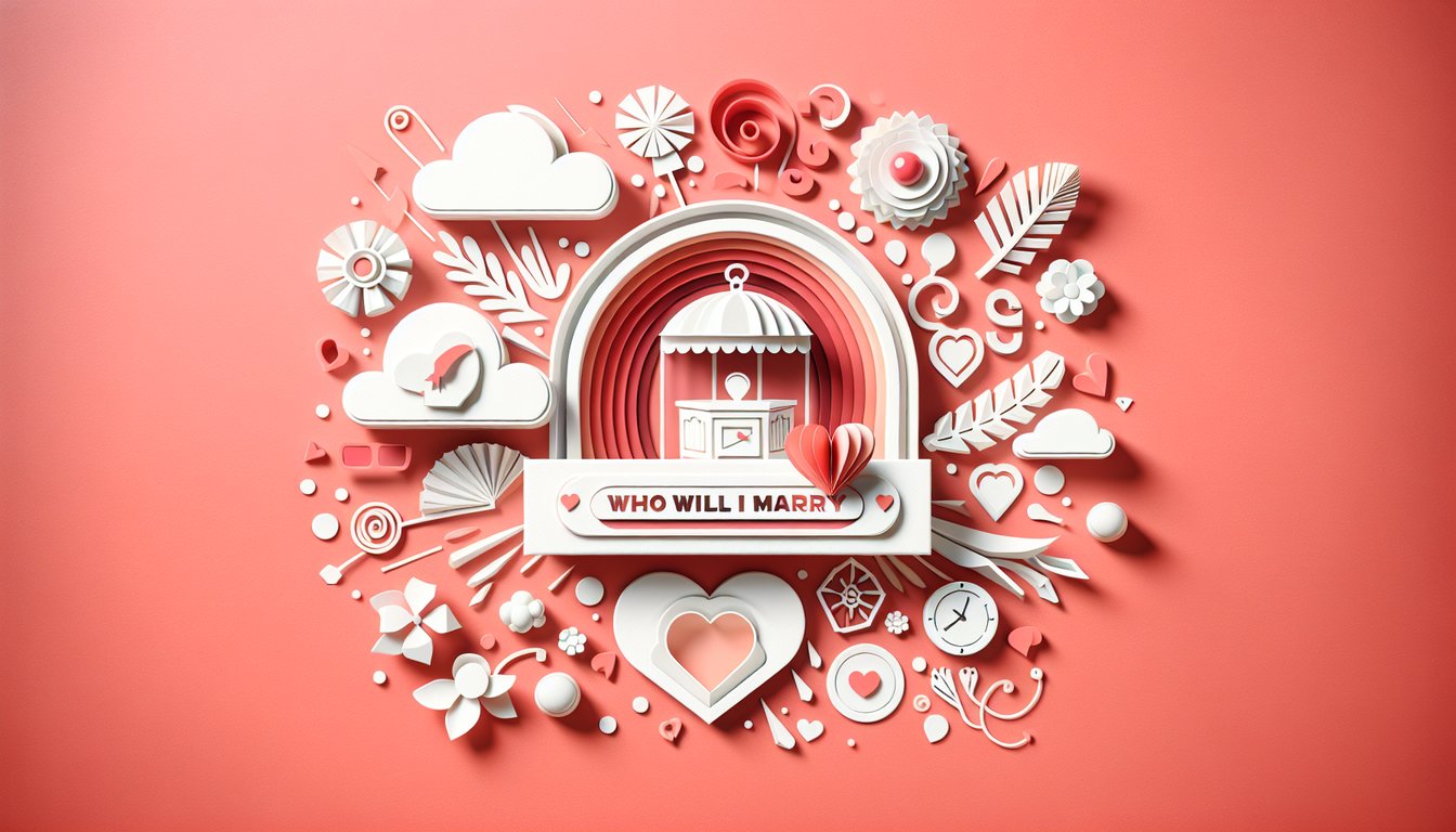 Paper art quiz illustration on coral background about discovering future marriage partner