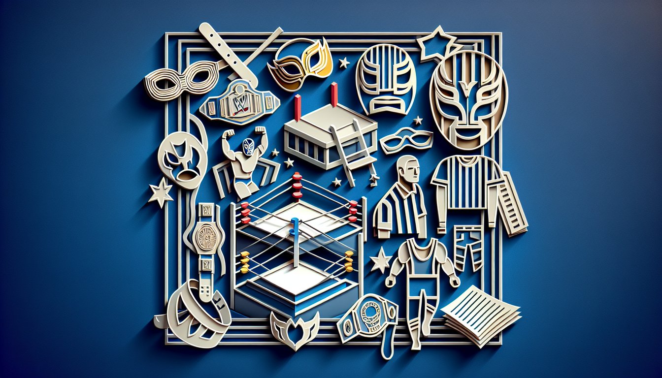 Paper art collage of 90s WWE Attitude Era superstars icons and bold quiz title on dark blue background.