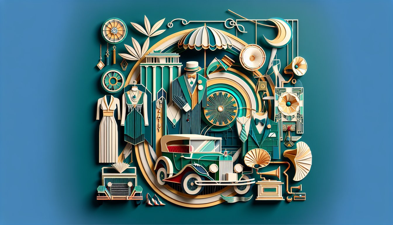 Artistic representation of Great Gatsby-themed personality quiz on a teal background