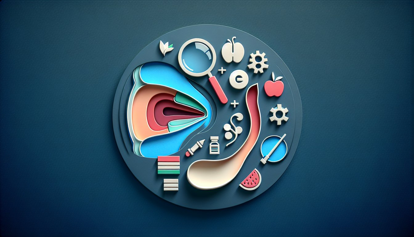 Paper cut art esophagus and quiz icons on dark blue background for cancer symptom risk quiz
