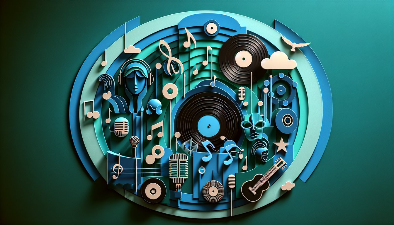 Paper art portrait of David Bowie on teal background with trivia quiz title, music notes, vinyl record, lightning bolt