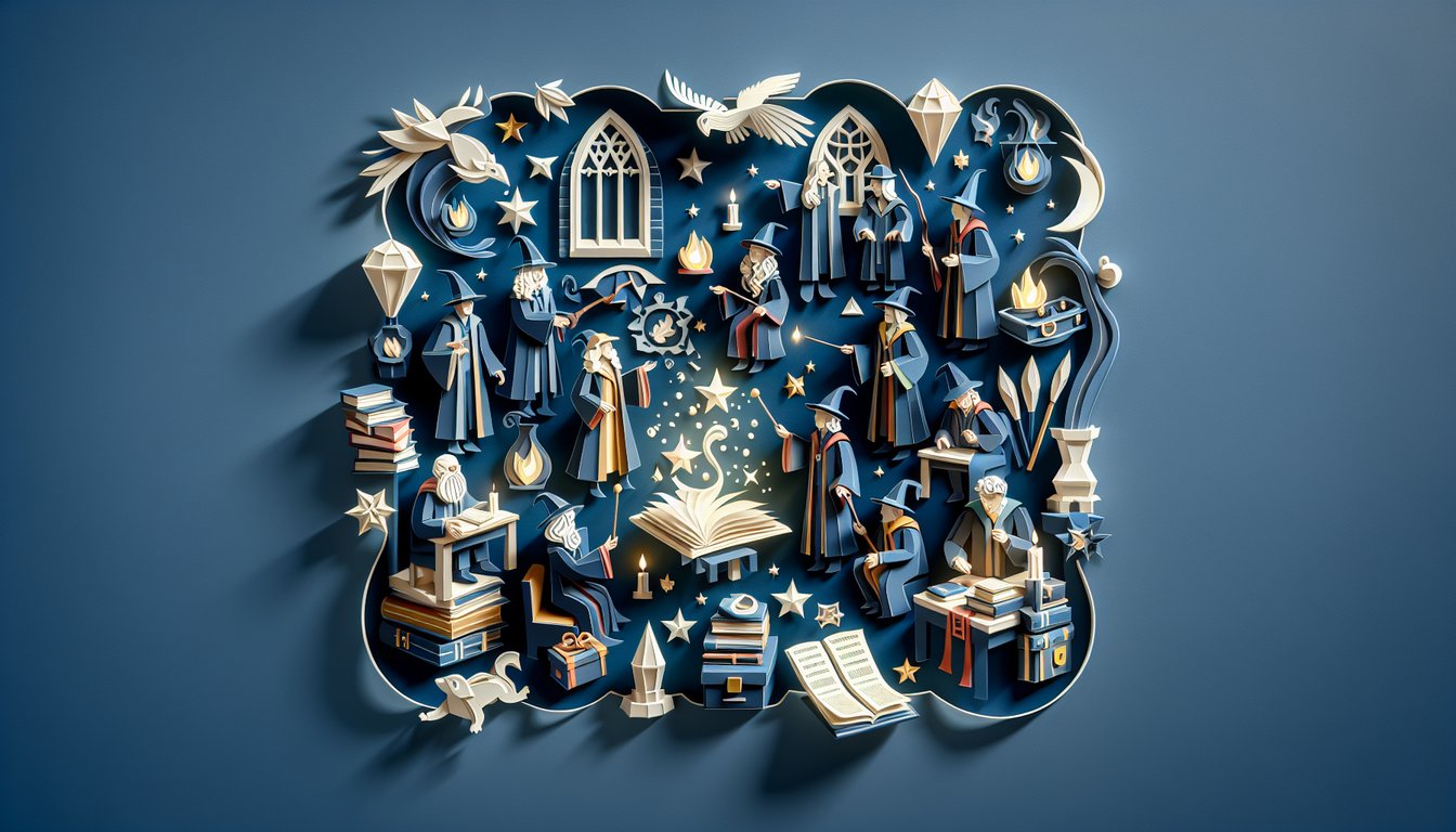 Paper art illustration for Intermediate Transfiguration Quiz challenging Hogwarts Legacy magic skills on dark blue background