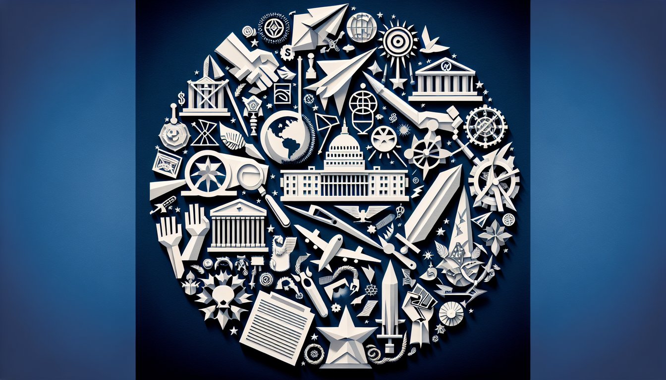 Colorful paper art promoting a political science trivia quiz for high school students.