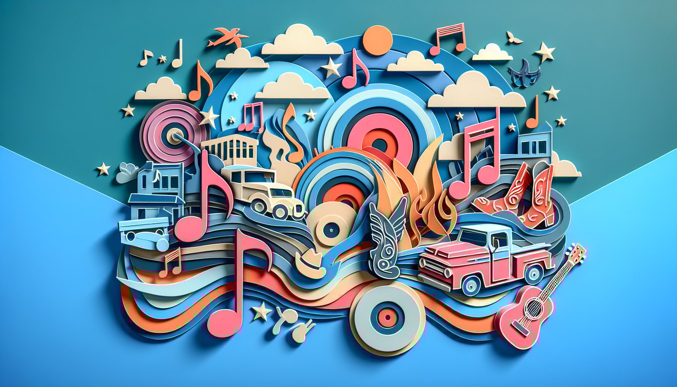 Paper art music notes and microphone on sky blue background promoting Jessica Simpsons greatest hits lyrics quiz