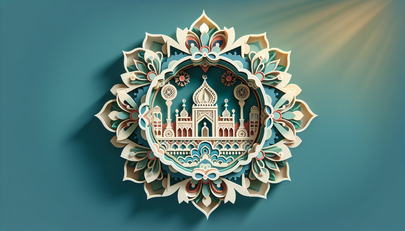 Paper art illustration of stylized female figure holding book and cityscape on teal background for Persepolis character quiz