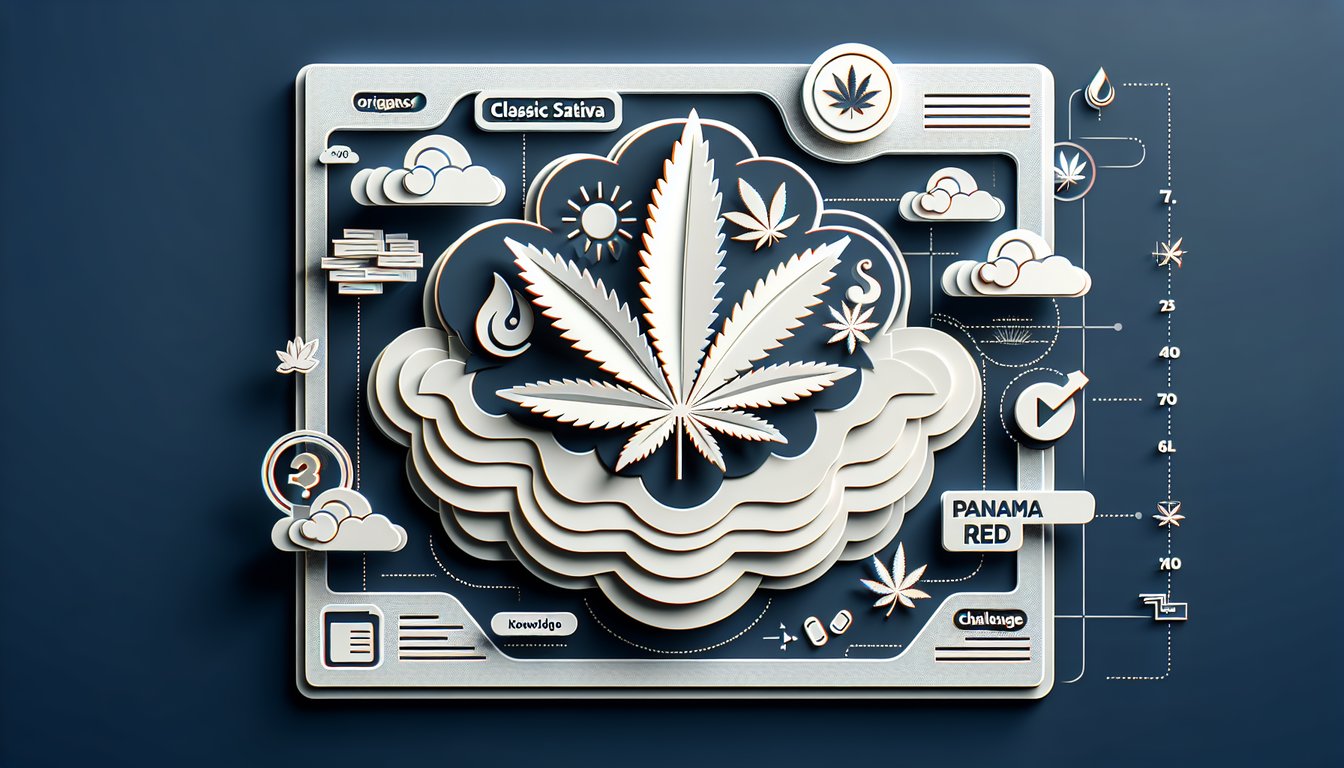 Paper art cannabis leaf and quiz text on dark blue backdrop inviting Panama Red sativa origins effects and history challenge