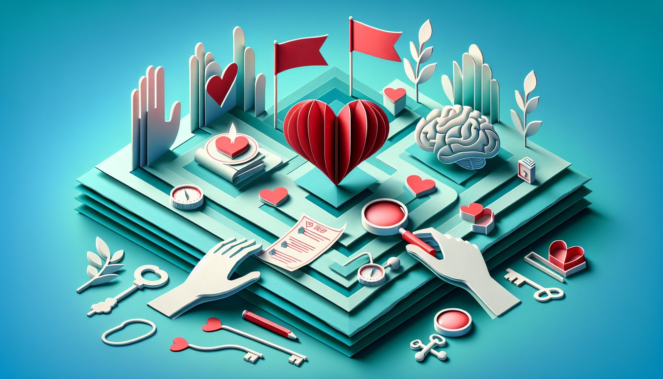Paper art illustration with hearts red flags and folded paper layers on a teal background for relationship warning quiz