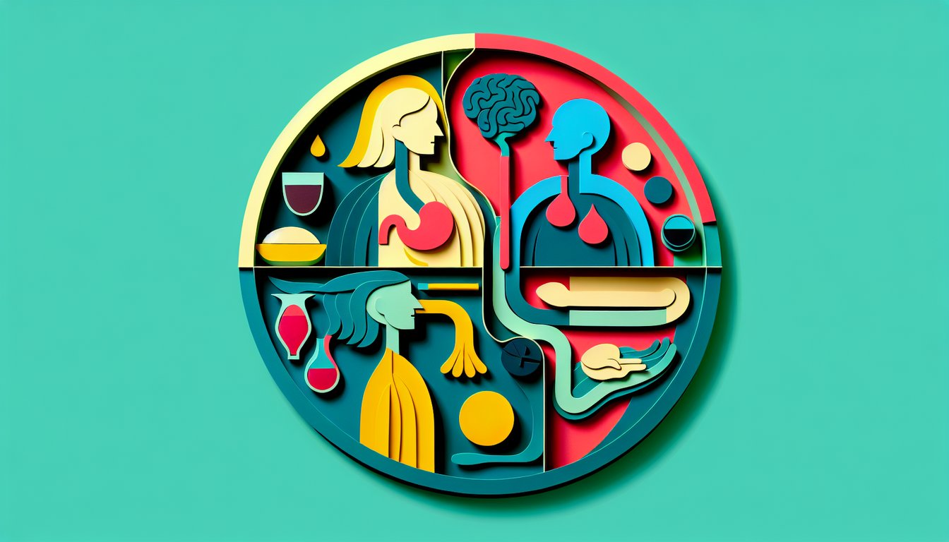 Paper art illustration showing four color layered profiles on teal background for free four humors personality quiz.